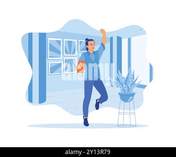 Happy man with a smartphone in hand. Jumping and raising hands celebrating office success. Celebration concept. Flat vector illustration. Stock Vector