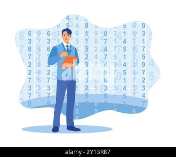 Young smiling businessman with the tablet. Developing mobile applications with binaries and data. APP devs concept. Flat vector illustration. Stock Vector