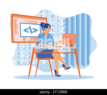 Young woman working at the computer while listening to music. Women working in modern offices. Software developers concept. Flat vector illustration. Stock Vector
