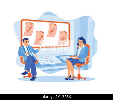 Business people and assistants sit in front of the virtual screen. Developing software on screen and writing in a notebook. APP devs concept. Flat vec Stock Vector