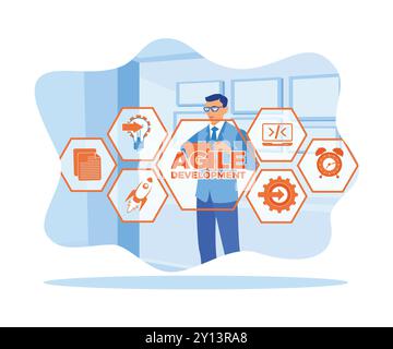 A man in glasses is using a digital tablet in a modern office. Develop software with agile development. Software developers concept. Flat vector illus Stock Vector