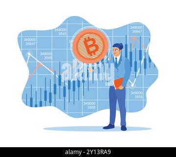Young businessman with documents. Financial investment with bitcoin hologram floating between stock market candlestick charts. Finance control scenes Stock Vector