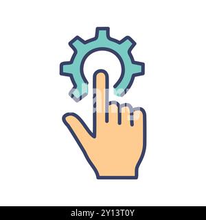 Hand pressing gear. Hand pressing a gear, suggesting customization, setting, configuration, or control. Stock Vector