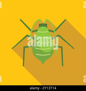Minimalist vector illustration of a green aphid insect pest with long antennae, standing on a yellow background, ideal for nature and pest control projects Stock Vector