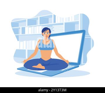 Young woman sitting relaxing at home. Practice yoga while watching videos on a laptop. Self-improvement concept. Flat vector illustration. Stock Vector