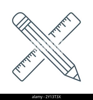 Pencil ruler icon. Crossed pencil and ruler line icon, representing precision and design. Perfect for education, design, and construction projects. Stock Vector