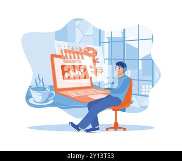 The accountant works in the office. Using a laptop displaying charts, graphs, data, and business growth statistics. Business analysis concept. Flat ve Stock Vector