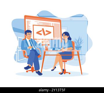 Two young designers work at a software development company. Developing programming and coding technology on computers. Software developers concept. Fl Stock Vector