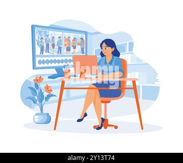 The video editor works in front of a computer with two screens. He works with videotape in a creative loft office. Video Editor concept. Flat vector i Stock Vector