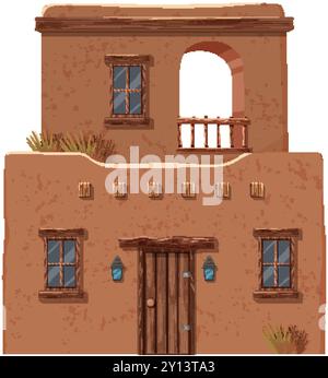 Two-story adobe house with wooden accents Stock Vector