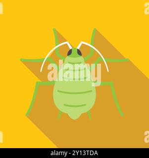 Green aphid insect pest with long antennae spreading its legs on a leaf, in flat design with long shadow Stock Vector