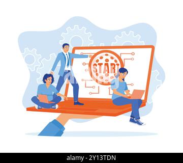 Big hand holding a laptop. Man and woman using a laptop with START button to start. Education concept. Flat vector illustration. Stock Vector