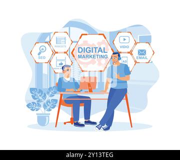 Computer programmer and manager. Digital marketing media (website advertising, email, social networks, SEO, video, mobile apps). Marketing concept. Fl Stock Vector