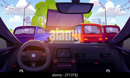 Outdoor drive cinema view from car cabin. Vector cartoon illustration of autos on parking with blank movie screen or street ads banner, green urban park, modern city buildings seen through windshield Stock Vector