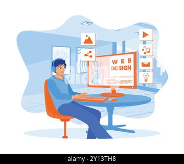 Man working assembling web page. The web design studio concept is on screen. Web design concept. Flat vector illustration. Stock Vector