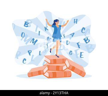A cheerful girl in a blue dress is standing on a pile of books. Alphabet letters fly in the background. Self-improvement concept. Flat vector illustra Stock Vector