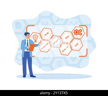 Businessman using notebook and internet. Developing software on virtual screens. Software developers concept. Flat vector illustration. Stock Vector