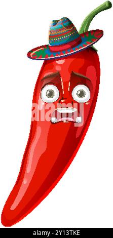 Animated chili pepper wearing a colorful sombrero Stock Vector