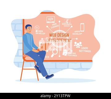 IT expert develops website using laptop. Web development icons are drawn on the board. Web design concept. Flat vector illustration. Stock Vector
