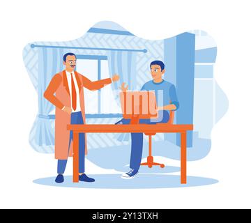 IT expert talking with the manager in the workroom. Using CAD software to develop modern industrial engineering designs. Software developers concept. Stock Vector