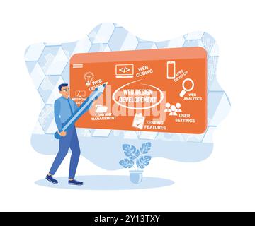 Intelligent man making website design using giant pencil on board. Web Design and Development Concept. Web design concept. Flat vector illustration. Stock Vector