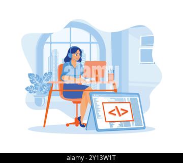 Young woman wearing headphones while working from home. Developing software on computers. Software developers concept. Flat vector illustration. Stock Vector