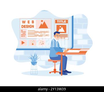 IT expert sketches website development on a sheet of paper. Men create content to fill sites. Web design concept. Flat vector illustration. Stock Vector
