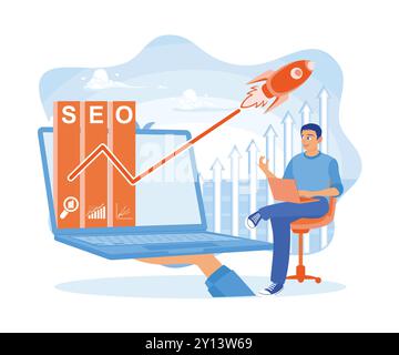 Hand holding laptop with SEO icons on screen. Entrepreneurs optimize websites to rank in SEO search engines. Web design concept. Flat vector illustrat Stock Vector