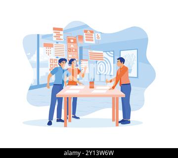 IT experts were discussing business ideas in the office. Developing mobile application software in modern office. Teamwork meeting concept. Flat vecto Stock Vector