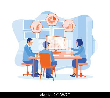 A group of business people analyze data using computers. Use data, graphs and diagrams on the screen. Teamwork meeting concept. Flat vector illustrati Stock Vector