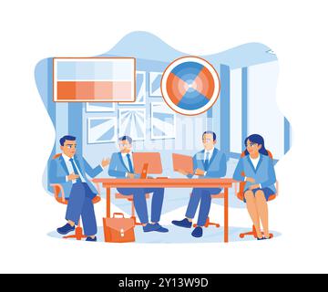 Business team meeting at the conference table. Exchange ideas to plan and develop new business projects. Teamwork meeting concept. Flat vector illustr Stock Vector