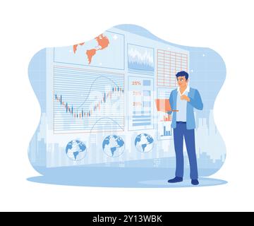 The businessman is standing in the data center room. Using laptop with digital business interface with charts, graphs and data globally. Finance and i Stock Vector
