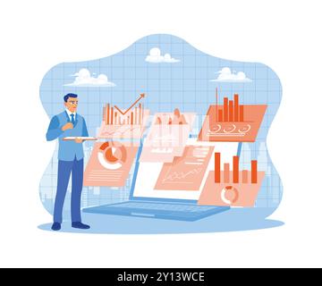 Businessman uses a laptop and digital tablet with financial reports, big data technology, analysis dashboards, finance, and data science. Business int Stock Vector