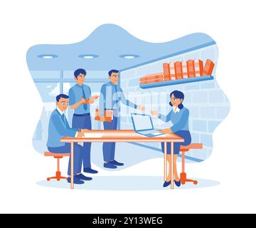 Businesswoman leading meeting with colleagues. Discussing and planning business projects in the office. Business people in office workplace concept. F Stock Vector