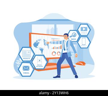 Businessman hand is pointing at the computer screen. Display digital marketing graphics and icons on the net. Digital marketing media concept. trend f Stock Vector