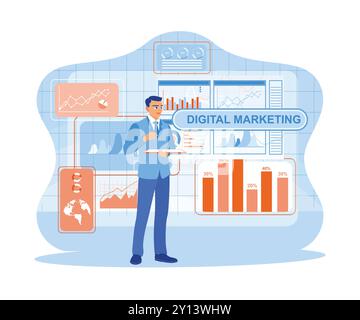 Digital marketing with a businessman using a computer and tablet. Digital marketing media concept. trend flat vector modern illustration Stock Vector