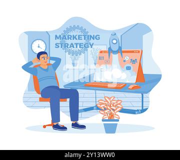 Entrepreneurs develop marketing strategy technology. A rocket icon appears on the laptop screen. Marketing concept. Flat vector illustration. Stock Vector