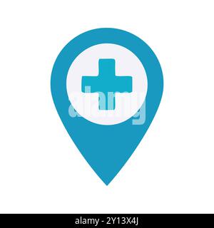 Medical location icon. Blue map pin with a medical cross symbol, perfect for healthcare and medical websites and apps. Stock Vector