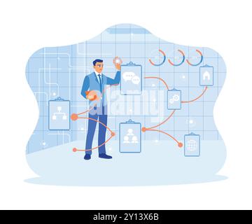 Businessman using digital tablet in modern office. Use a modern graphical interface to create business plans and strategies. Business intelligence tec Stock Vector