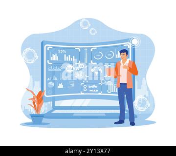 Modern human and graphical interface shows sales reports, profit graphs and stock market. Big Data Technology for Business Financial Analysis Concept. Stock Vector