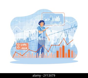 Young woman using stock market trading chart chart on screen. Stock market change screen and business bar chart. Finance and innovation concept. trend Stock Vector