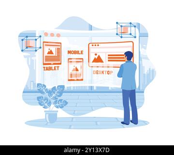 Designer sketches wireframe layout design on virtual screen. Developing websites on electronic devices. Web design concept. Flat vector illustration. Stock Vector
