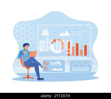 Young businessman using a laptop to analyze financial charts and plan business marketing. Start up Programming Team. Big Data Technology for Business Stock Vector