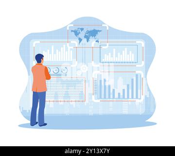 Business intelligence technology. Using computer software to analyze business marketing charts. Business intelligence technology and big data concept. Stock Vector