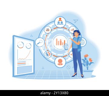 businesswoman hand presses the business icon button on the virtual screen. Using a digital tablet to analyze financial charts. Big Data Technology for Stock Vector