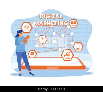 The businesswoman is using a smartphone with a network connection on the screen. Digital marketing New startup project. Digital Marketing, internet ma Stock Vector