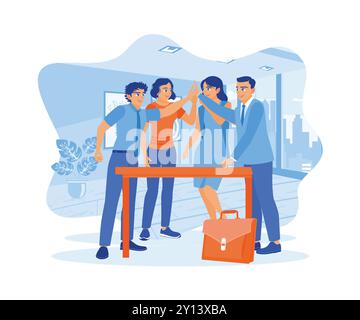 High five, business people and group together for teamwork. Solidarity and mission or motivation.Teamwork meeting concept. Flat vector illustration. Stock Vector