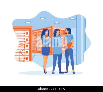 Programmers are working on developing software for new business projects. Teamwork meeting concept. Flat vector illustration. Stock Vector