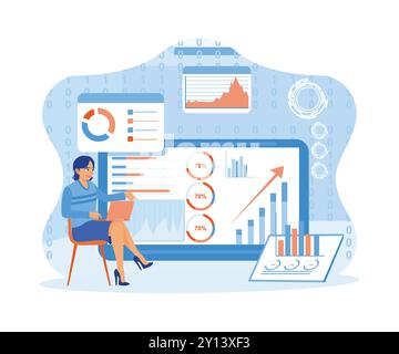 Business Statistics. Using a laptop to analyze and plan business finances. Big Data Technology for Business Financial Analysis Concept. trend flat vec Stock Vector