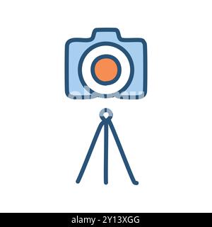 Camera tripod icon. Blue camera icon on a tripod, symbolizing photography, image capture, and stability. Stock Vector